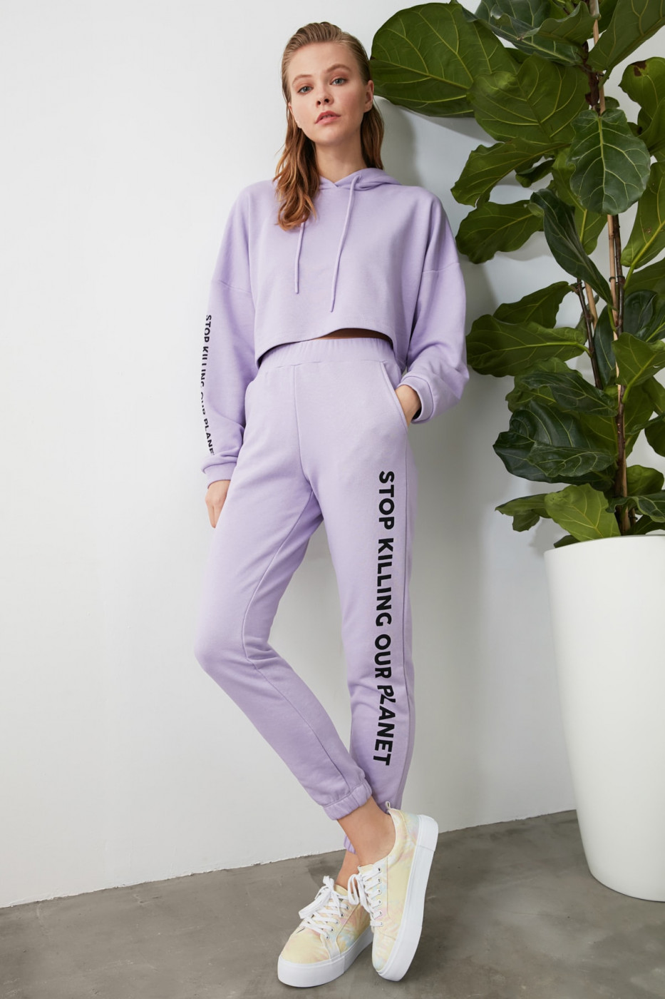 Trendyol Lila Printed 100% Organic Cotton Basic Jogger Knitted Tracksuit bottom