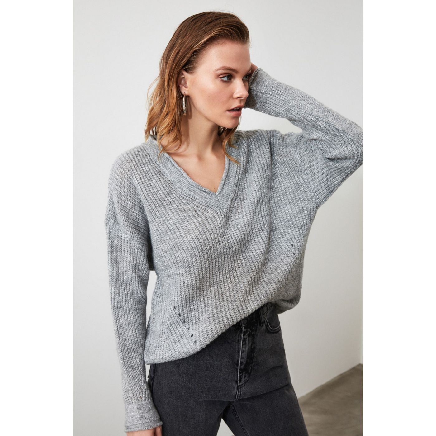 Trendyol Grey V Collar Knit Sweater