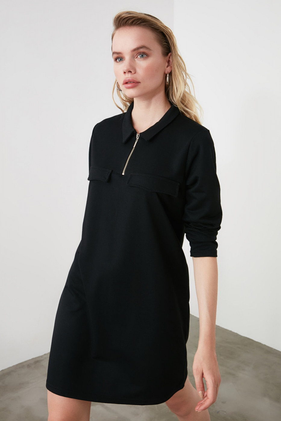 Trendyol Black Zipper Mini Knitted Sweat Dress