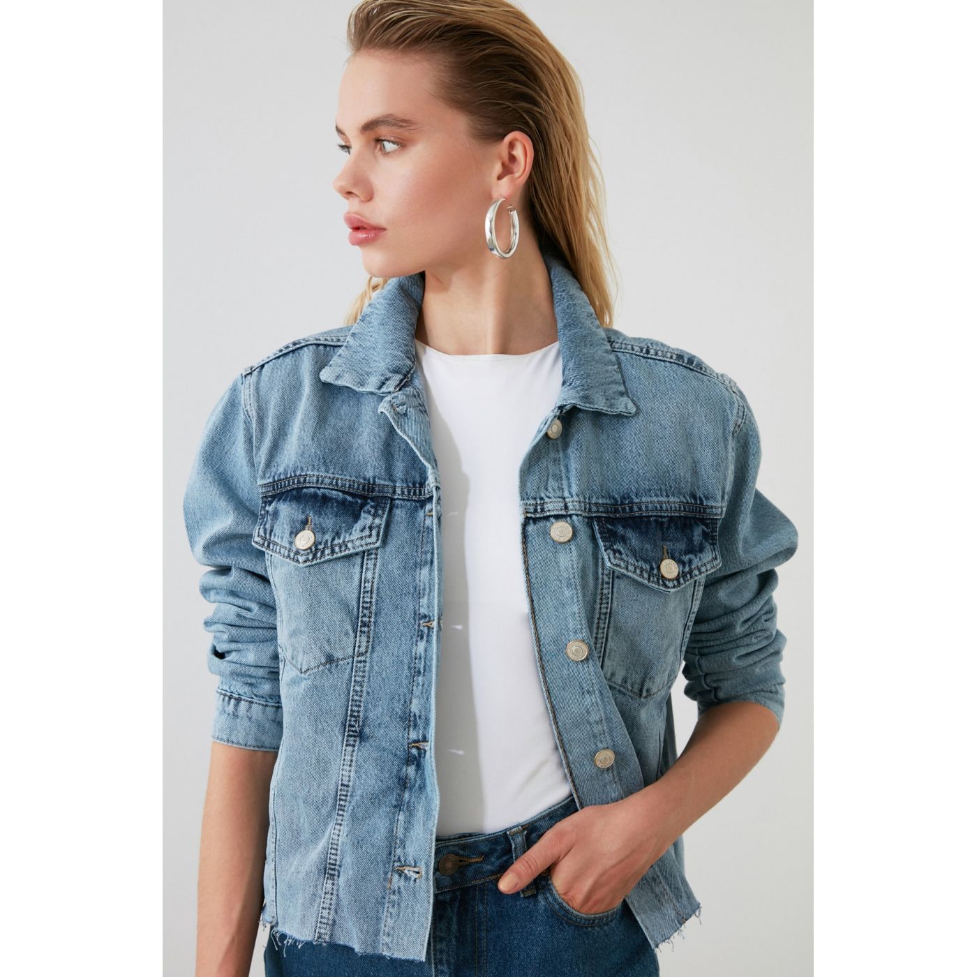 Trendyol Blue Crop Denim Jacket