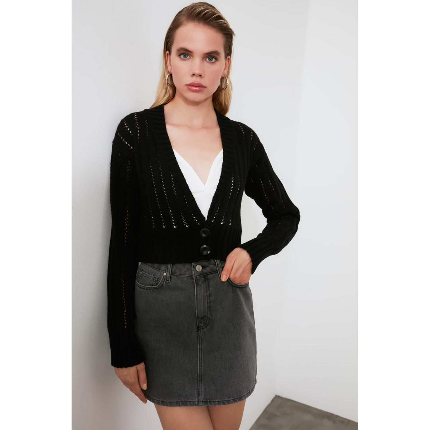 Trendyol Black Braid Detailed Knitwear Cardigan