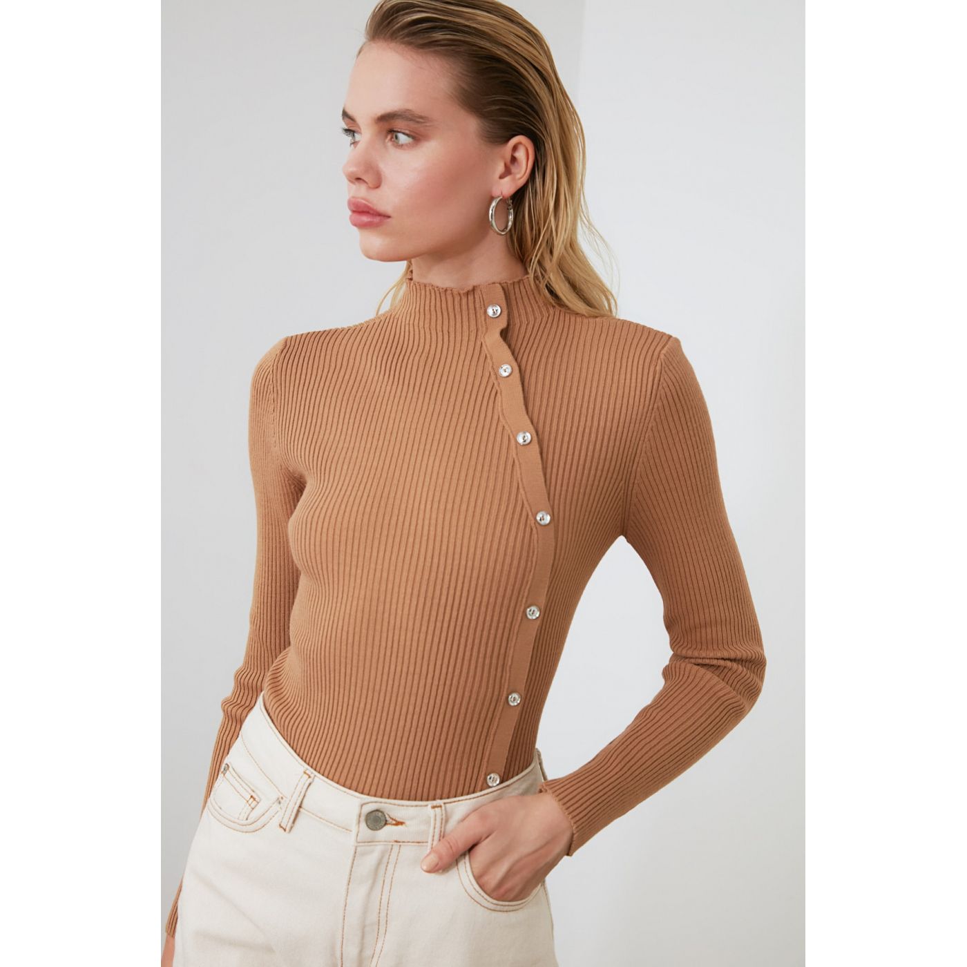 Trendyol Camel Button Detailed Knitwear Sweater