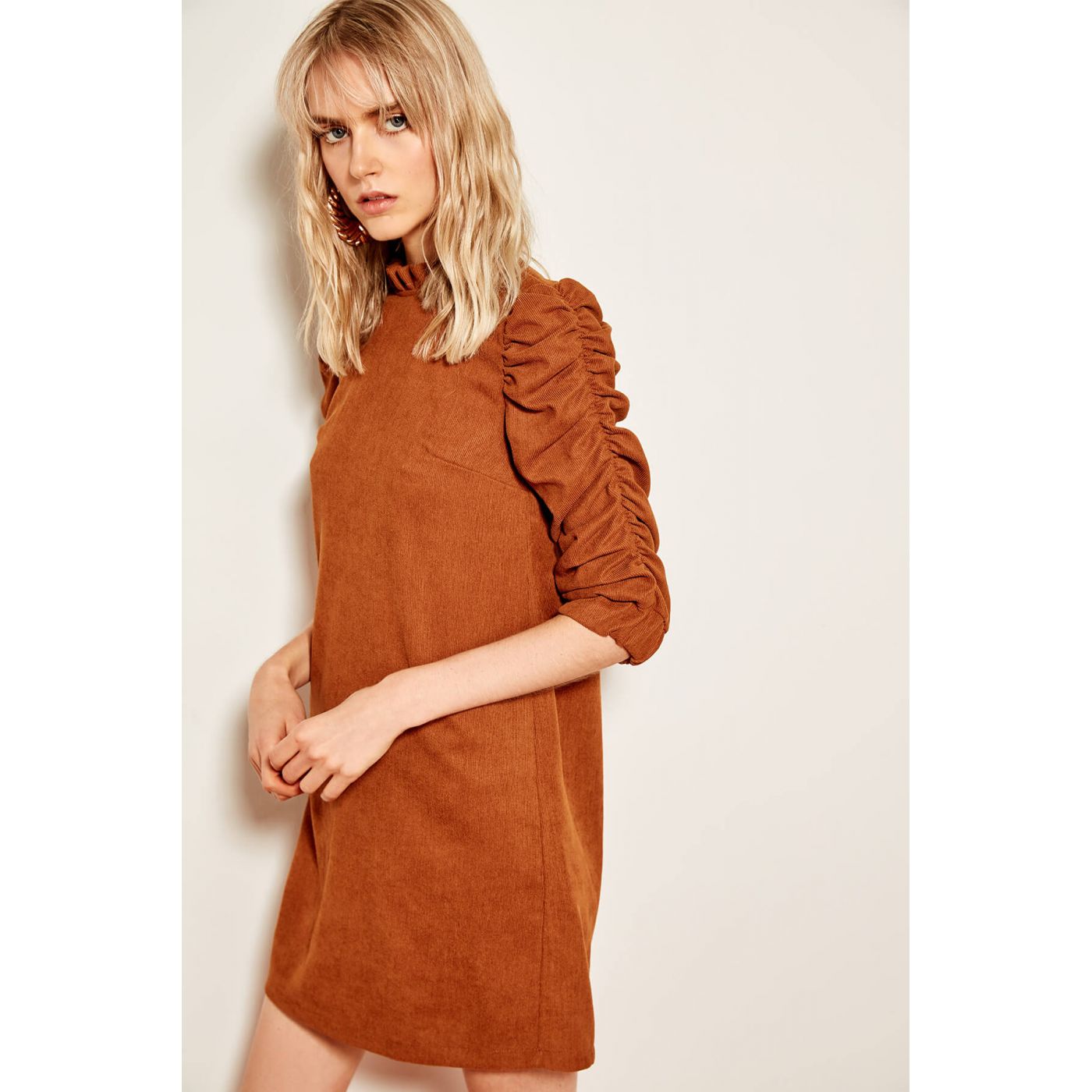 Trendyol Camel Velvet Ruffle Detailed Dress