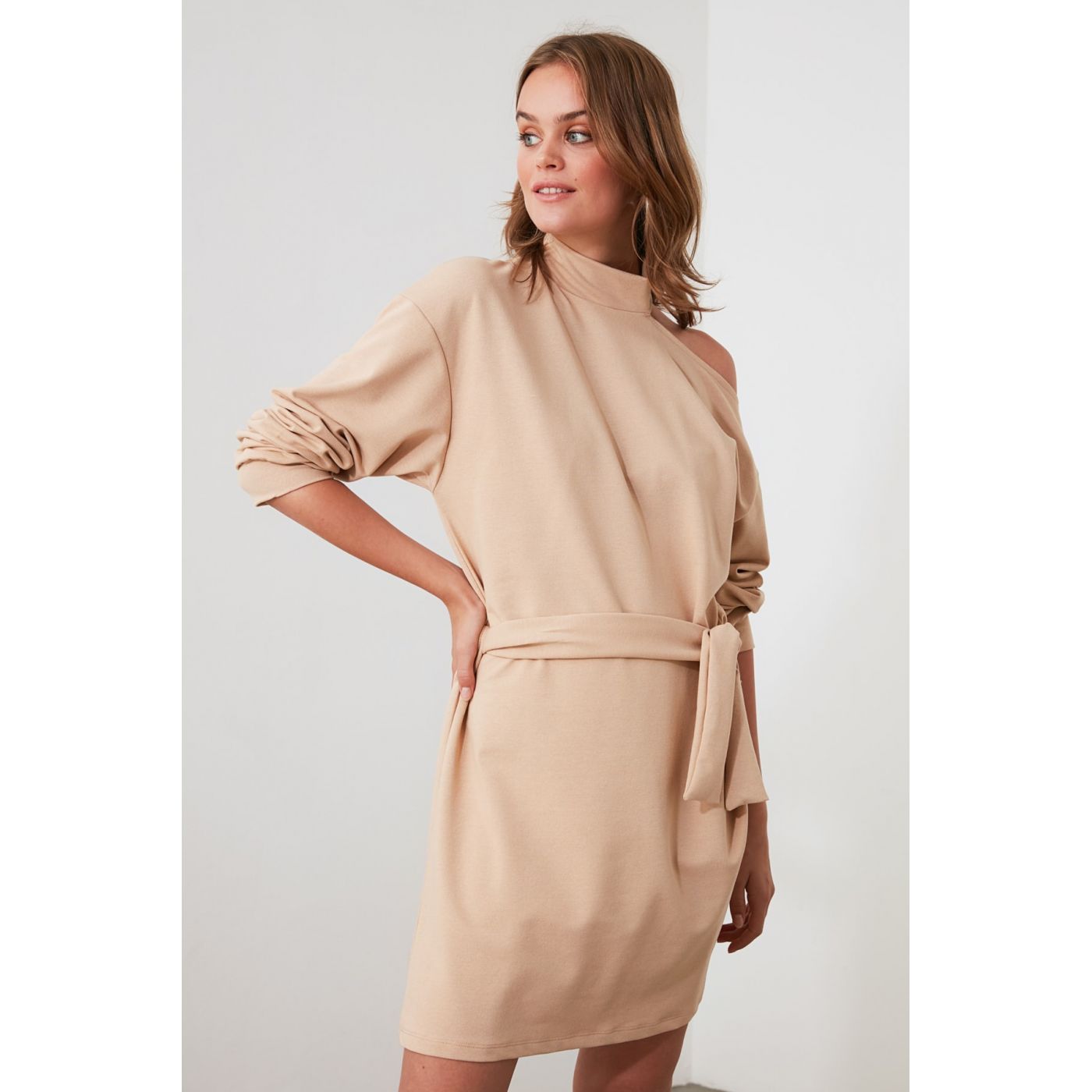 Trendyol Camel BeltEd Shoulder Detailing Knitted Dress