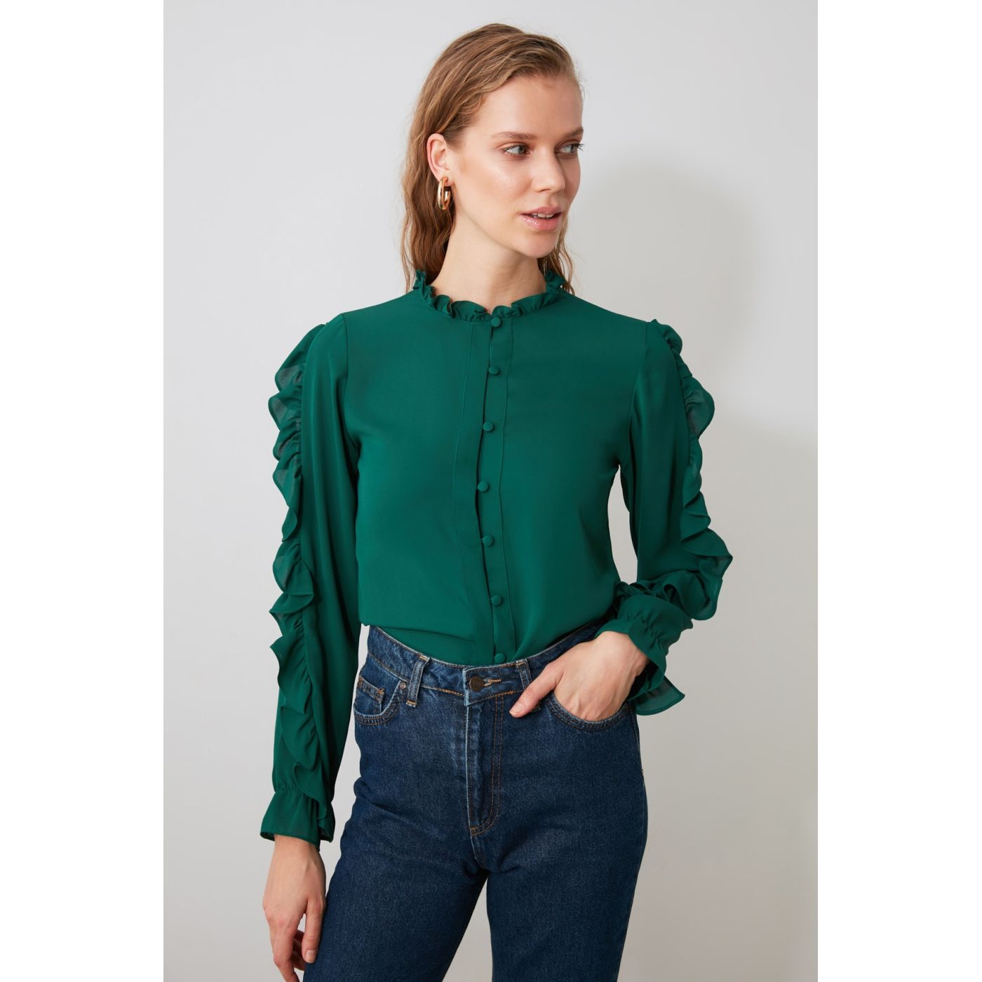 Trendyol Emerald Green Ruffly Shirt