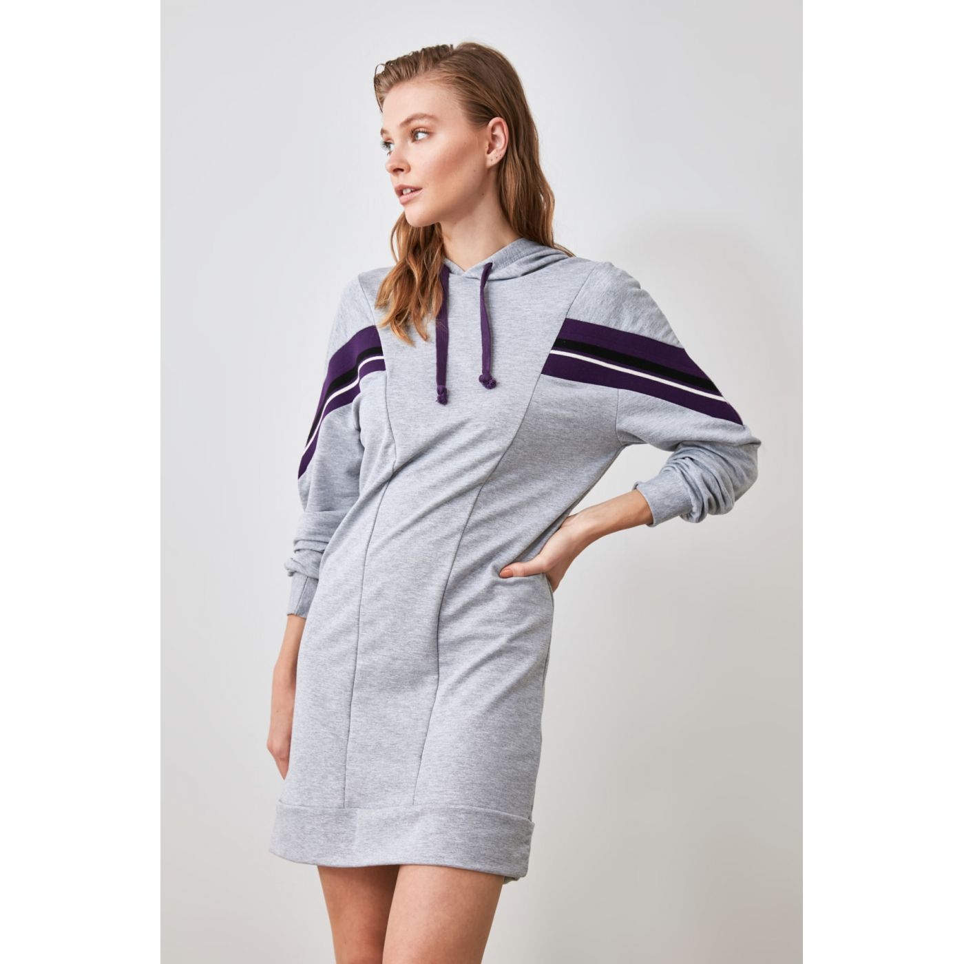 Trendyol Grey Striped Knitted Sweat Dress