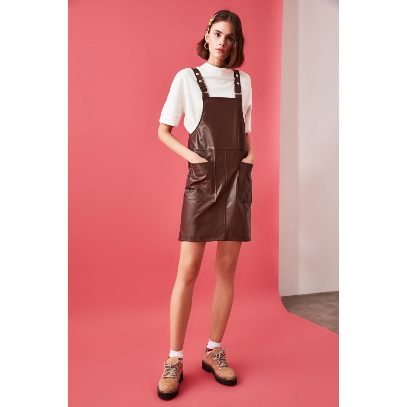 Trendyol Brown Bird's Eye Detailing Fdial Leather Jile Dress