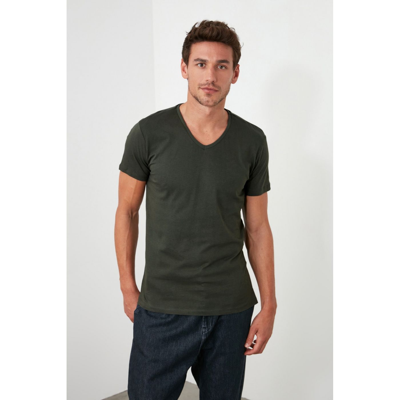 Trendyol Dark Khai Men's Basic Cotton V Collar Slim Fit T-Shirt