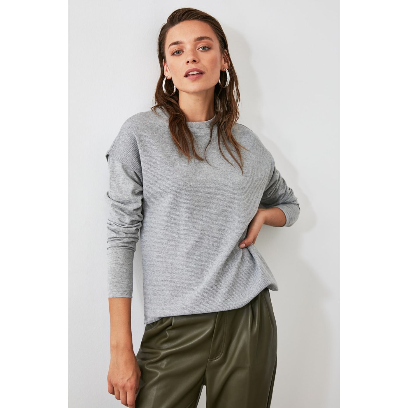 Trendyol Grey Sleeve Detailed Knitted Sweatshirt