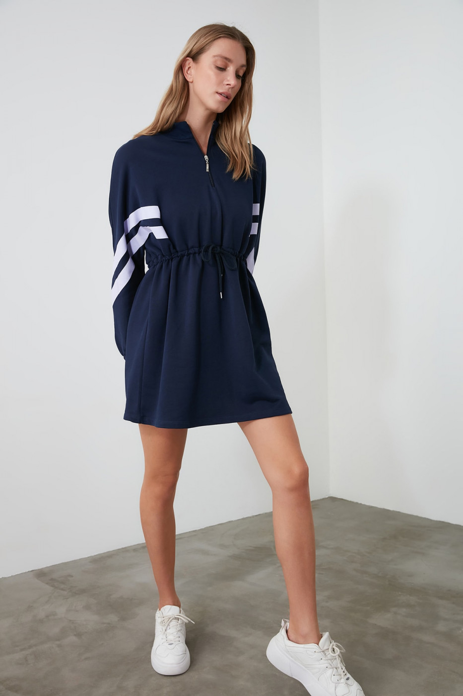 Trendyol Navy Sheer Neckline Detailing Knitted Dress