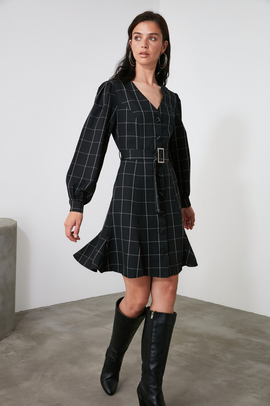 Trendyol Multicolored BeltEd Plaid Dress