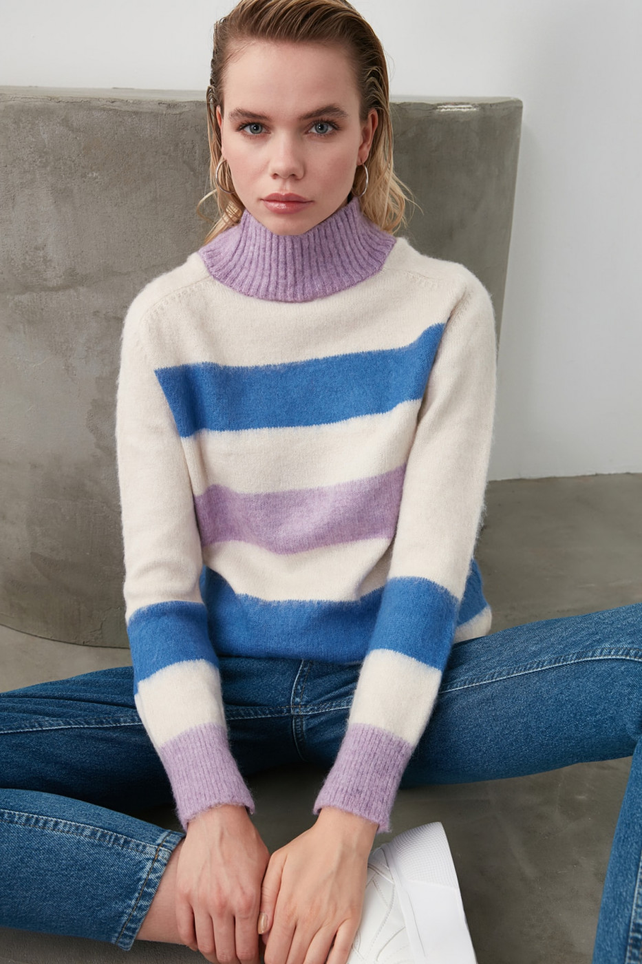 Trendyol Stone Striped Soft Textured Special Technical Knitwear Sweater