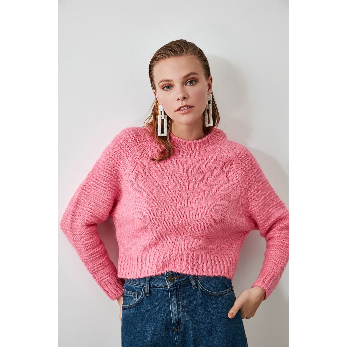 Trendyol Pink Braid Detailed Knitsweater