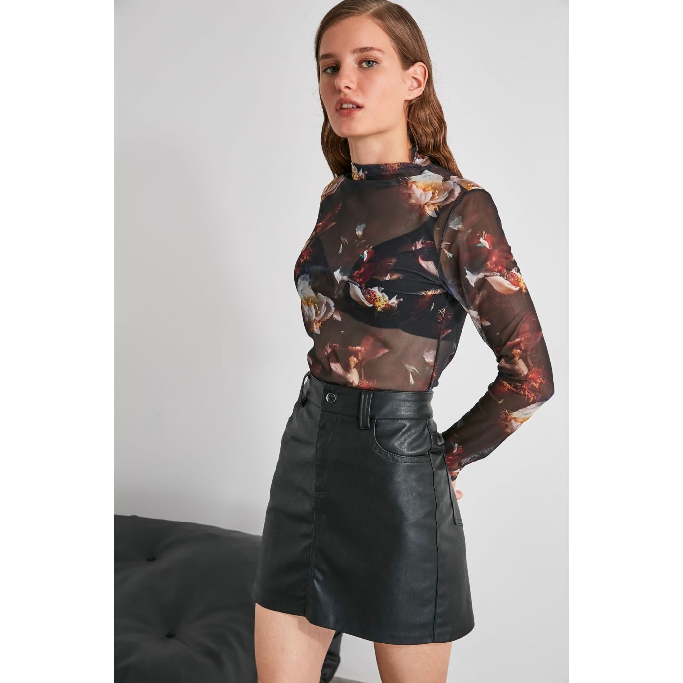 Trendyol Taba Patterned Tulle Knitted Blouse
