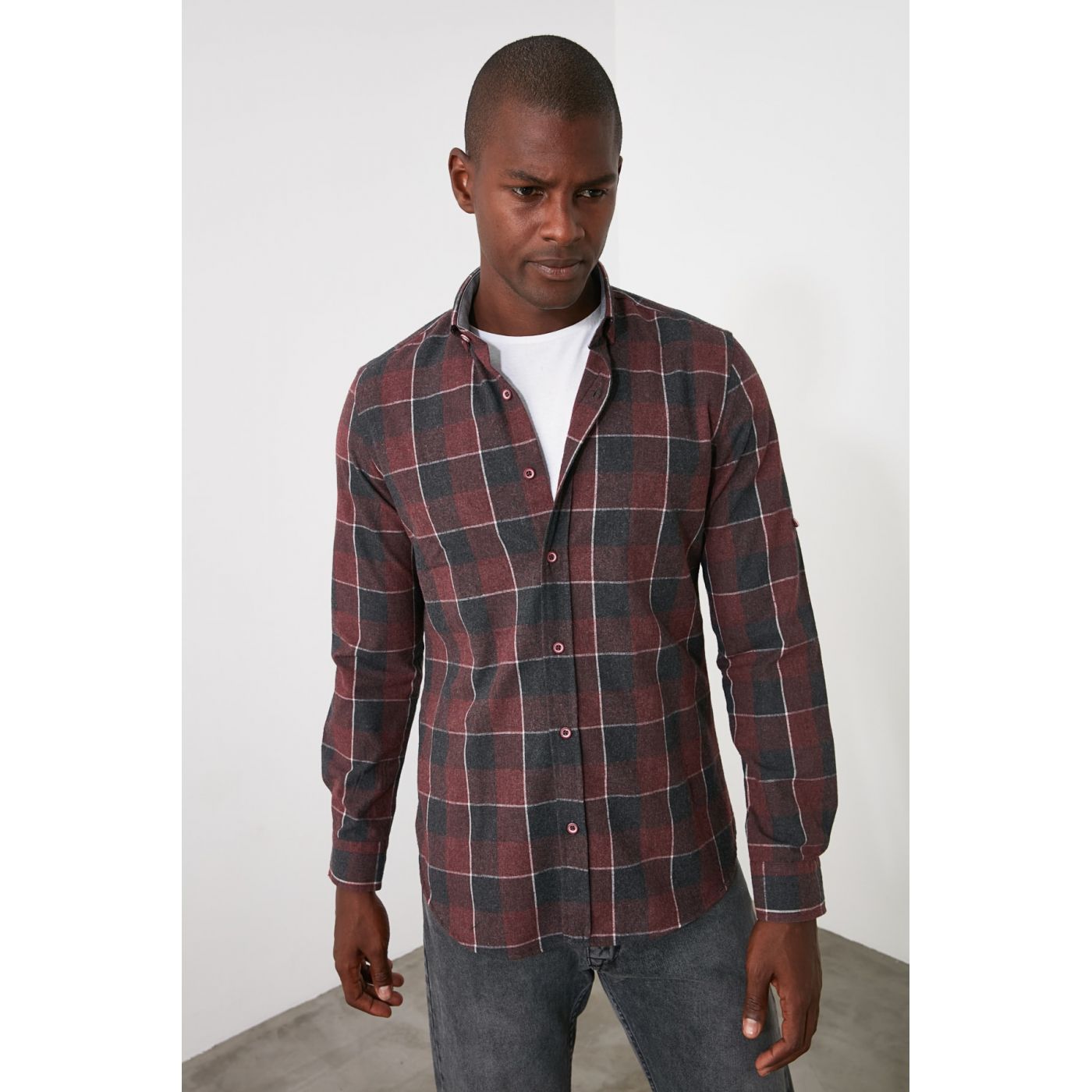 Trendyol Burgundy Men's Slim Fit Plaid Shirt