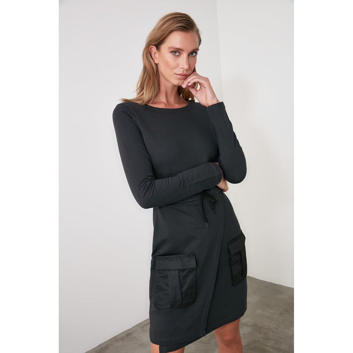 Trendyol Anthracite Pocket Detailed Knitted Dress