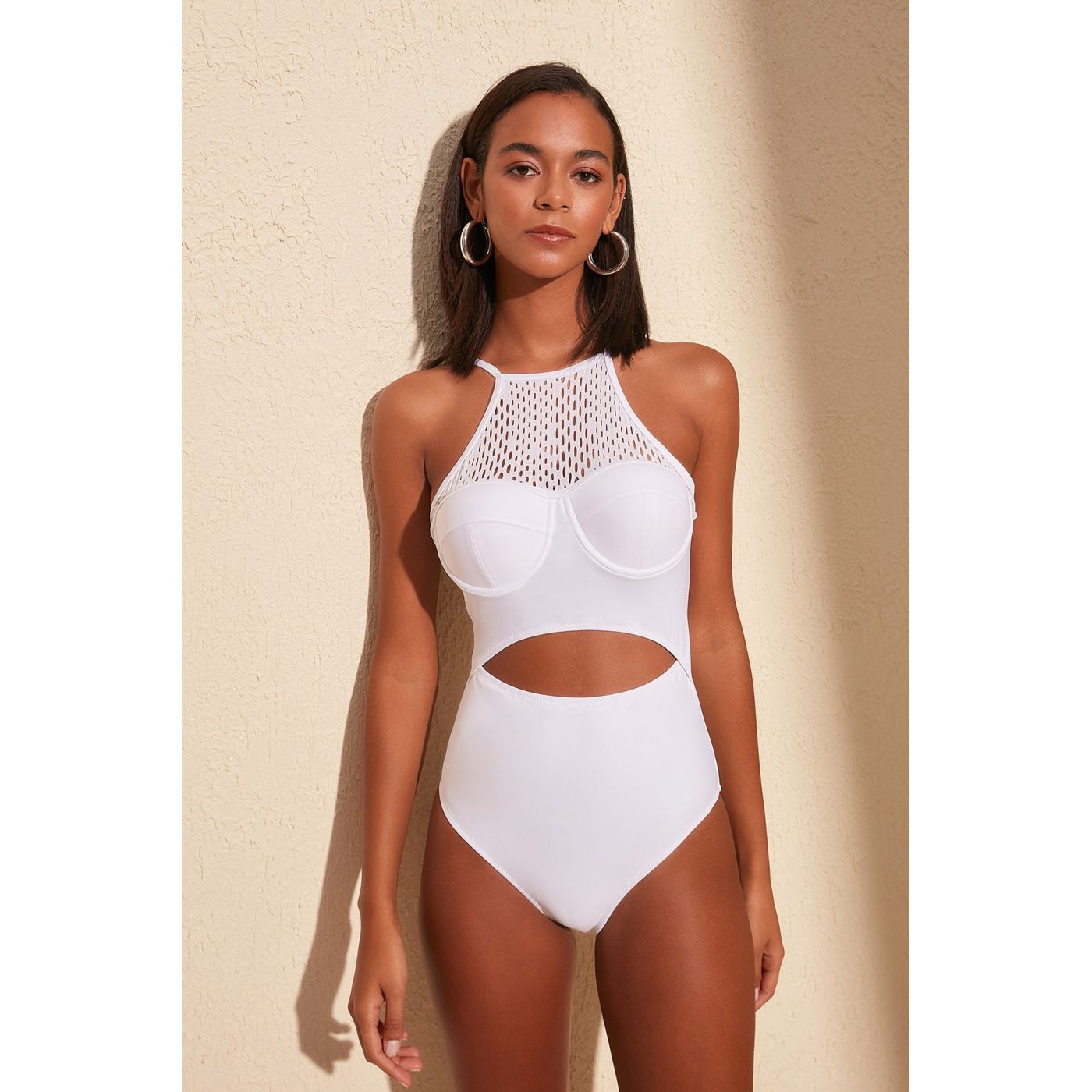 Trendyol White Mesh Detailed Swimsuit