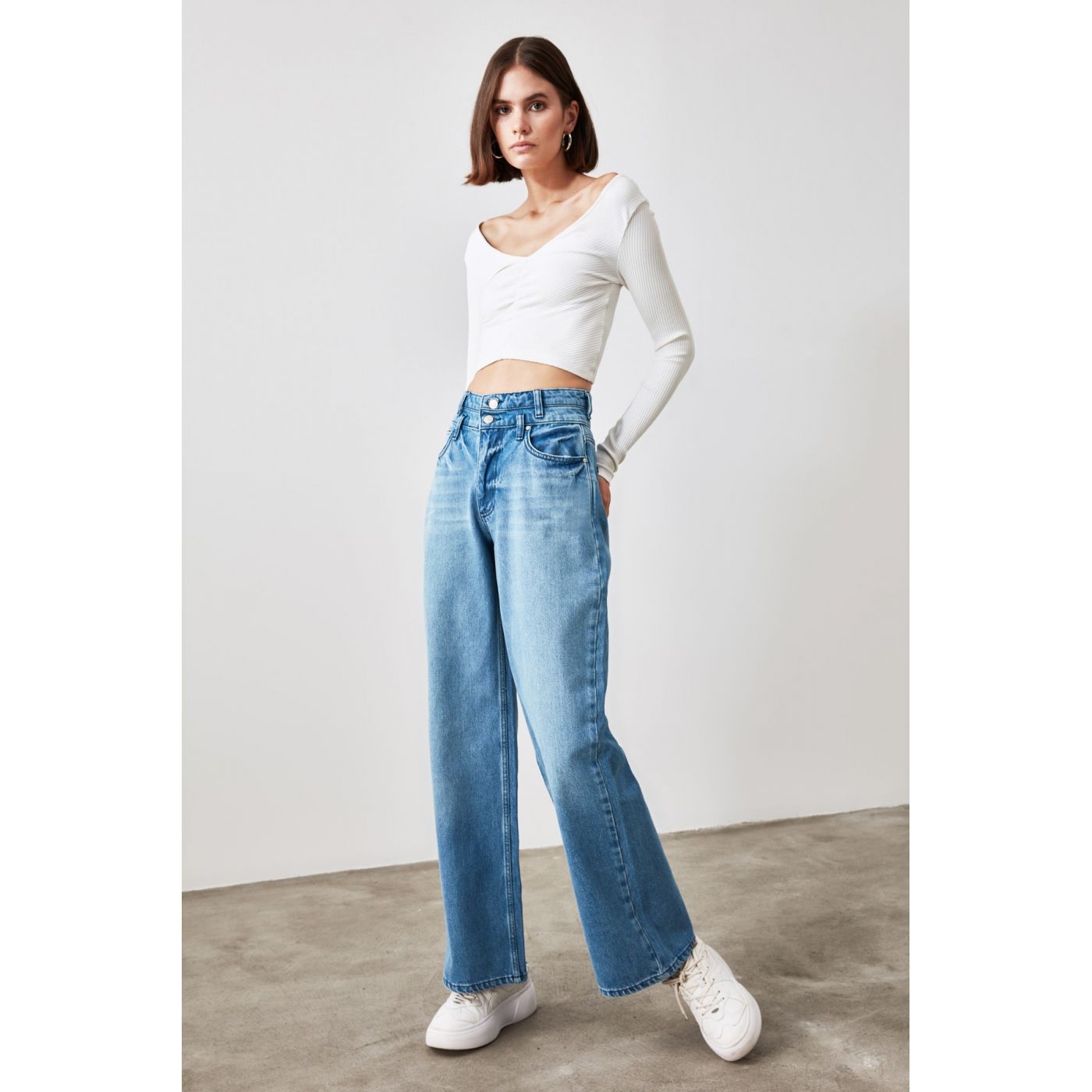 Trendyol Blue Waist Detailing Super High Waist Wide Leg Jeans