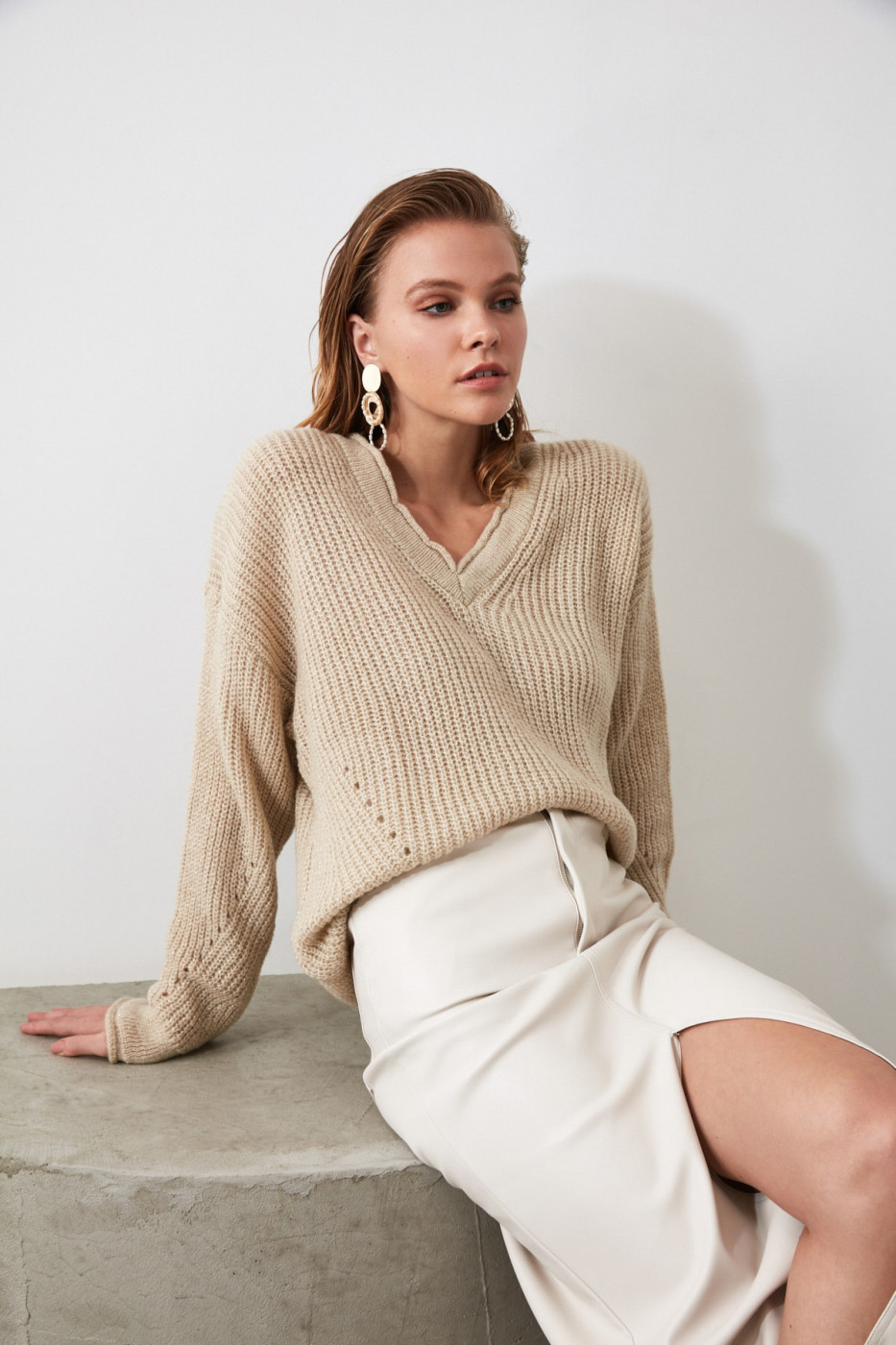 Trendyol Stone V Collar Knit Sweater