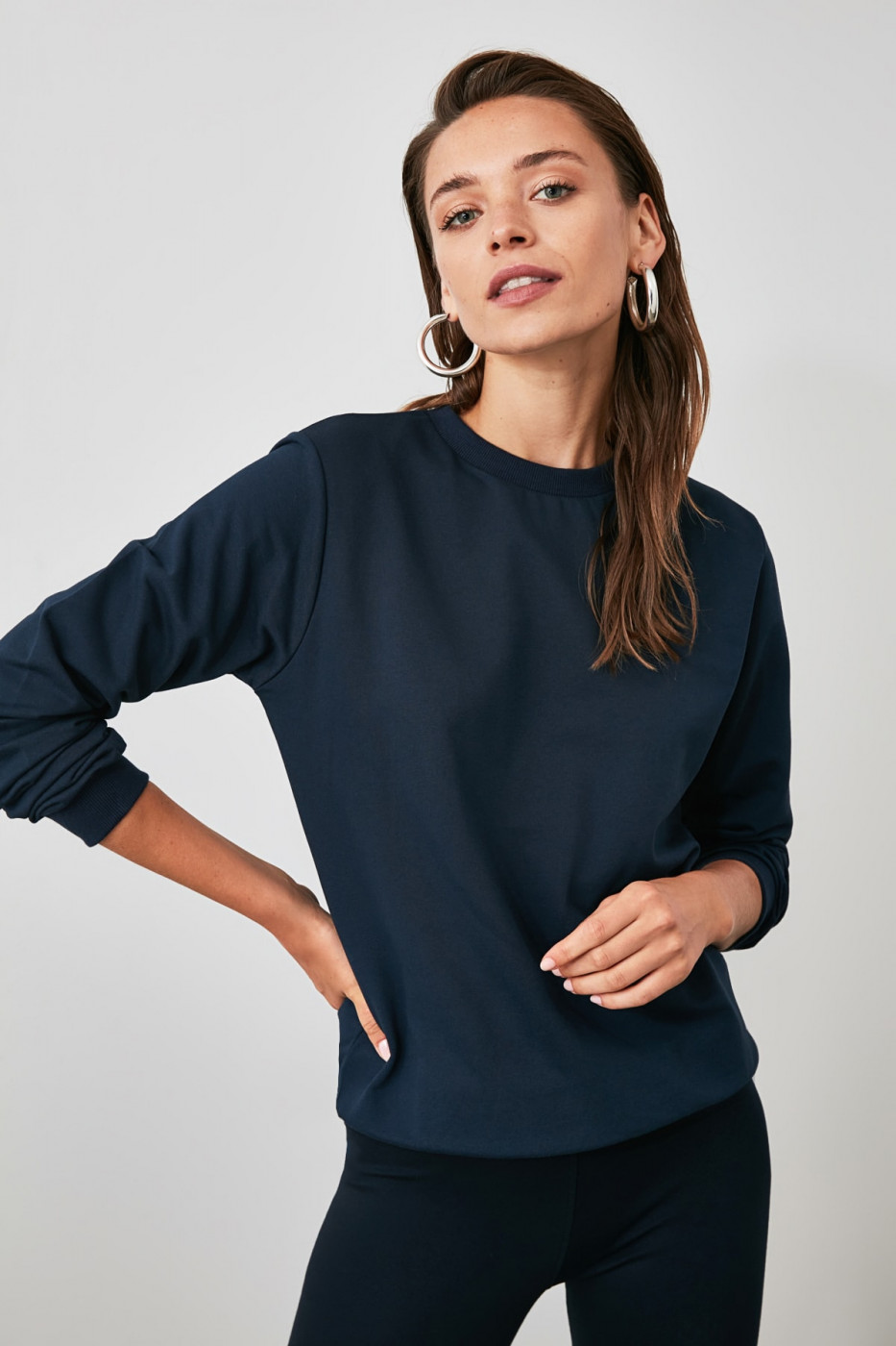 Trendyol Navy Back Printed Basic Knitted Sweatshirt