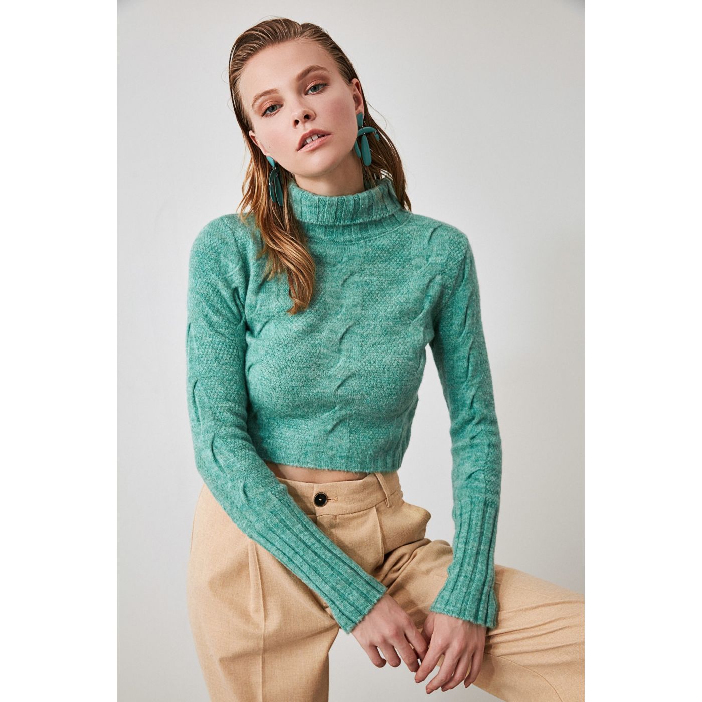Trendyol Mint Crop Braided Sweater