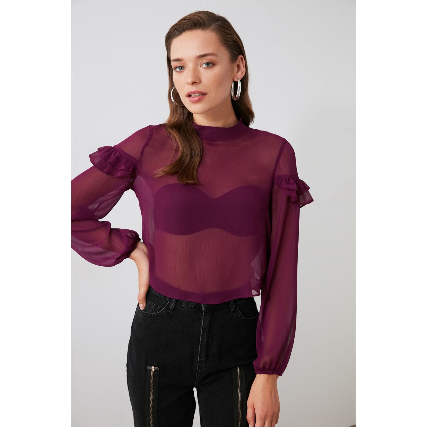 Trendyol Mürdüm Sleeves Ruffly Blouse