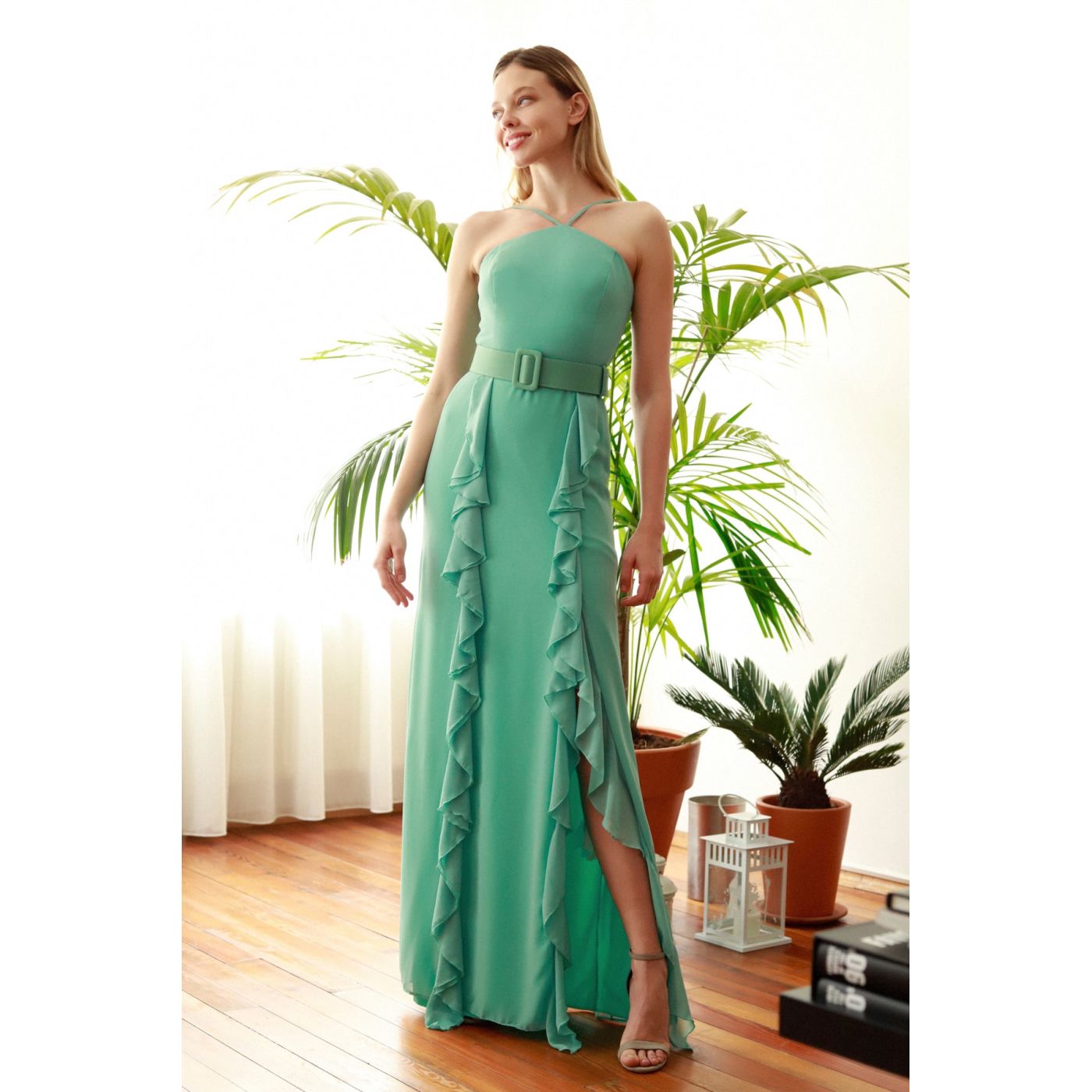 Trendyol Mint Belt Detailed Volan Abiye & Graduation Dress