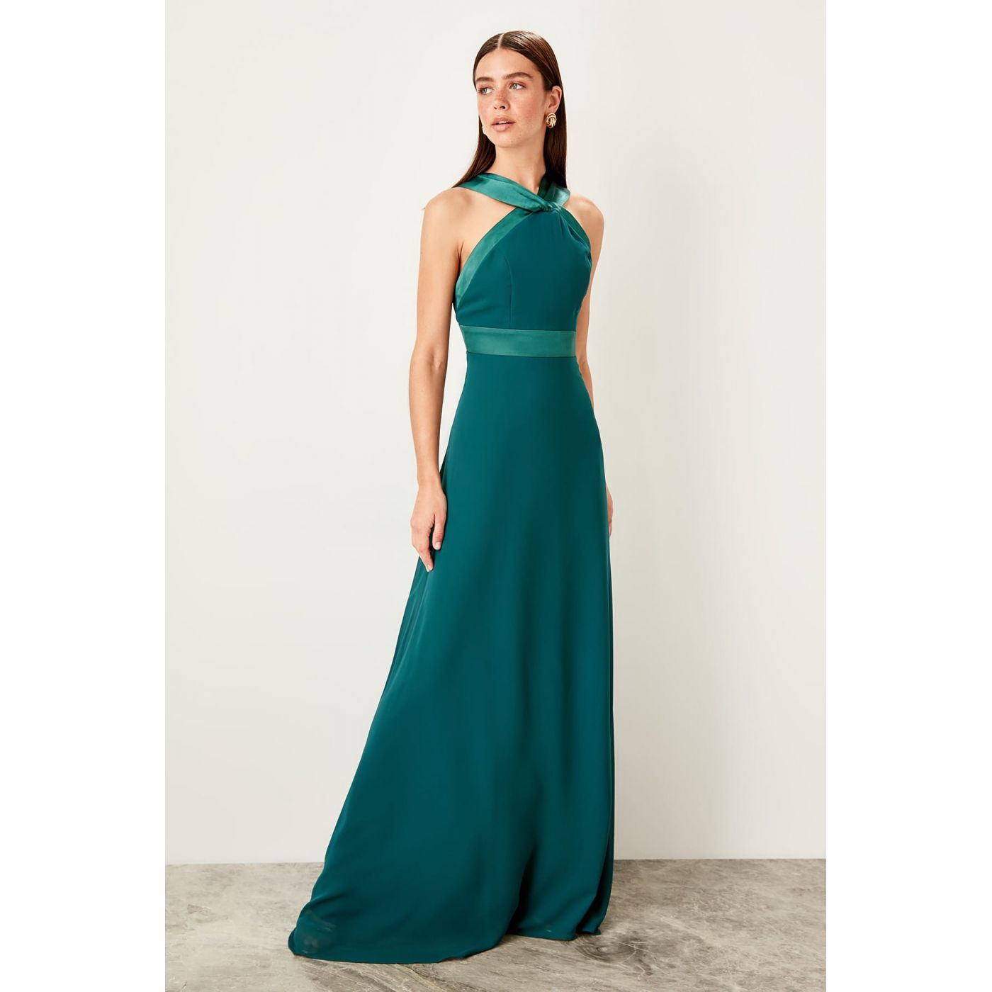 Trendyol Emerald green Grosgrain tape detailed evening dress
