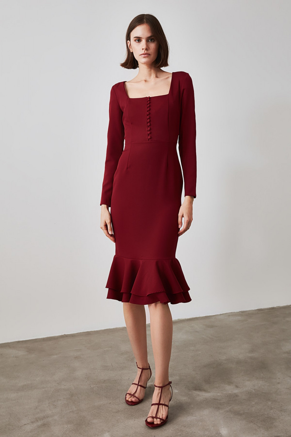 Trendyol Burgundy Flywheel Button Detailed Dress