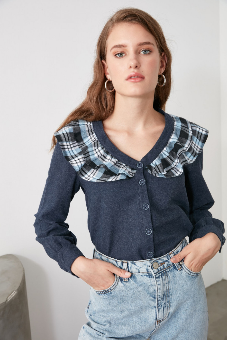 Trendyol Navy Plaid Blouse
