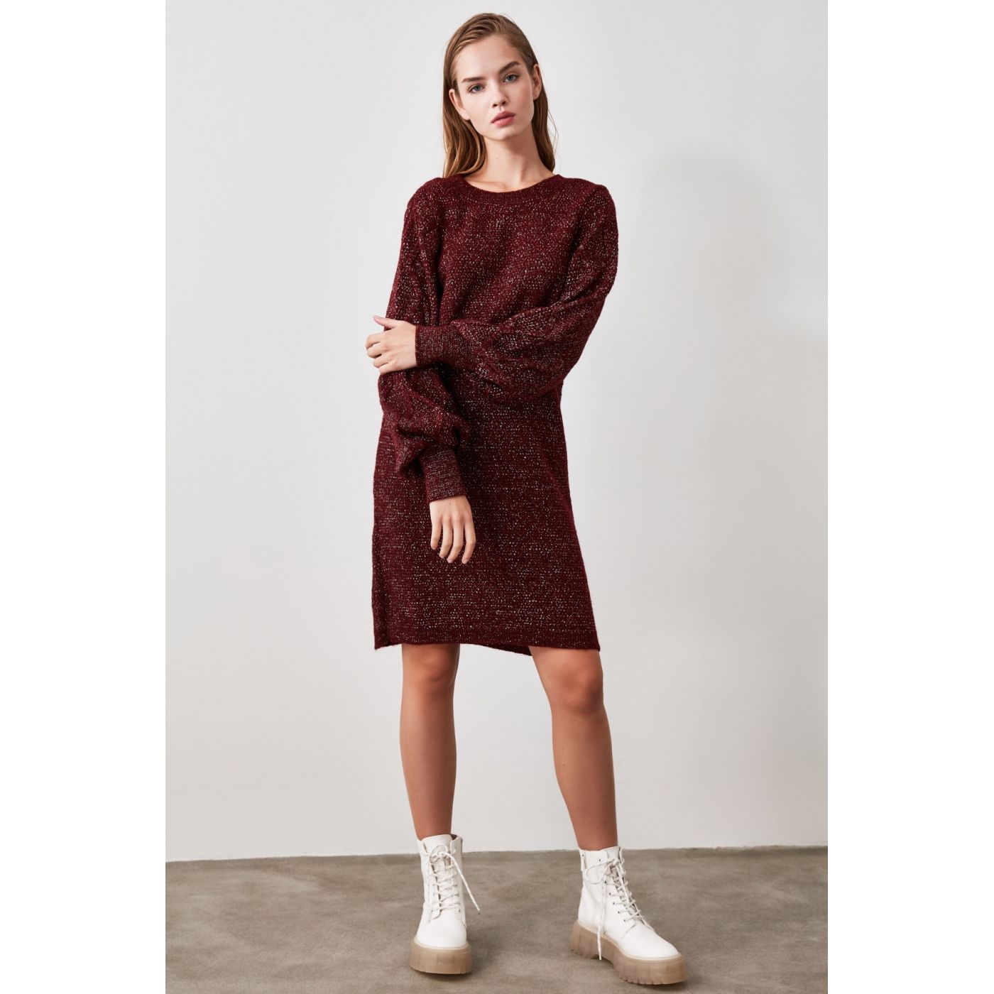 Trendyol Burgundy Glitter Knitwear Dress