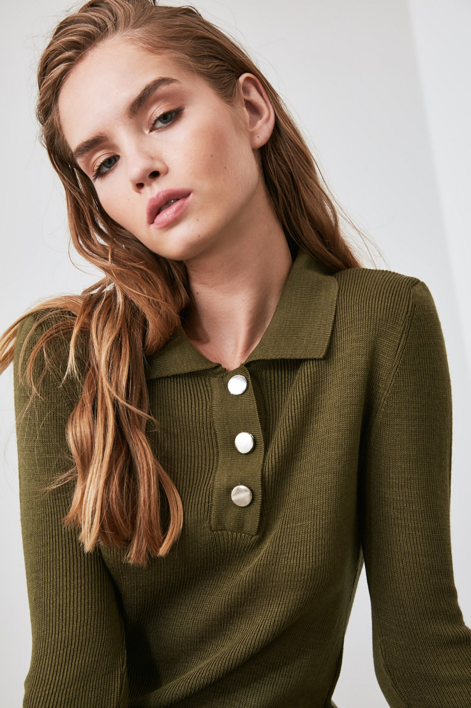 Trendyol Khaki Polo Collar Knit Sweater