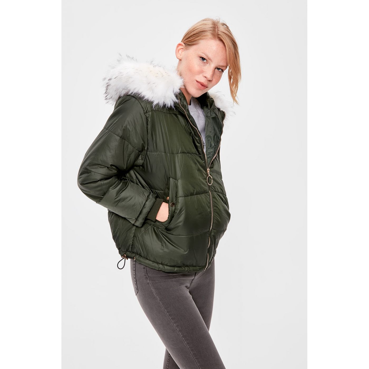Trendyol Khaki Fur Hooded Zipper Covered Inflatable Coat