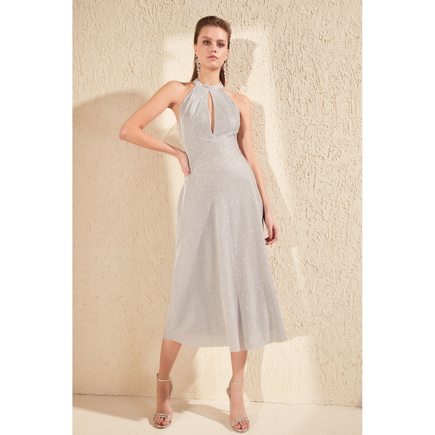 Trendyol Silver Shimmering Cleavage Detailed Dress