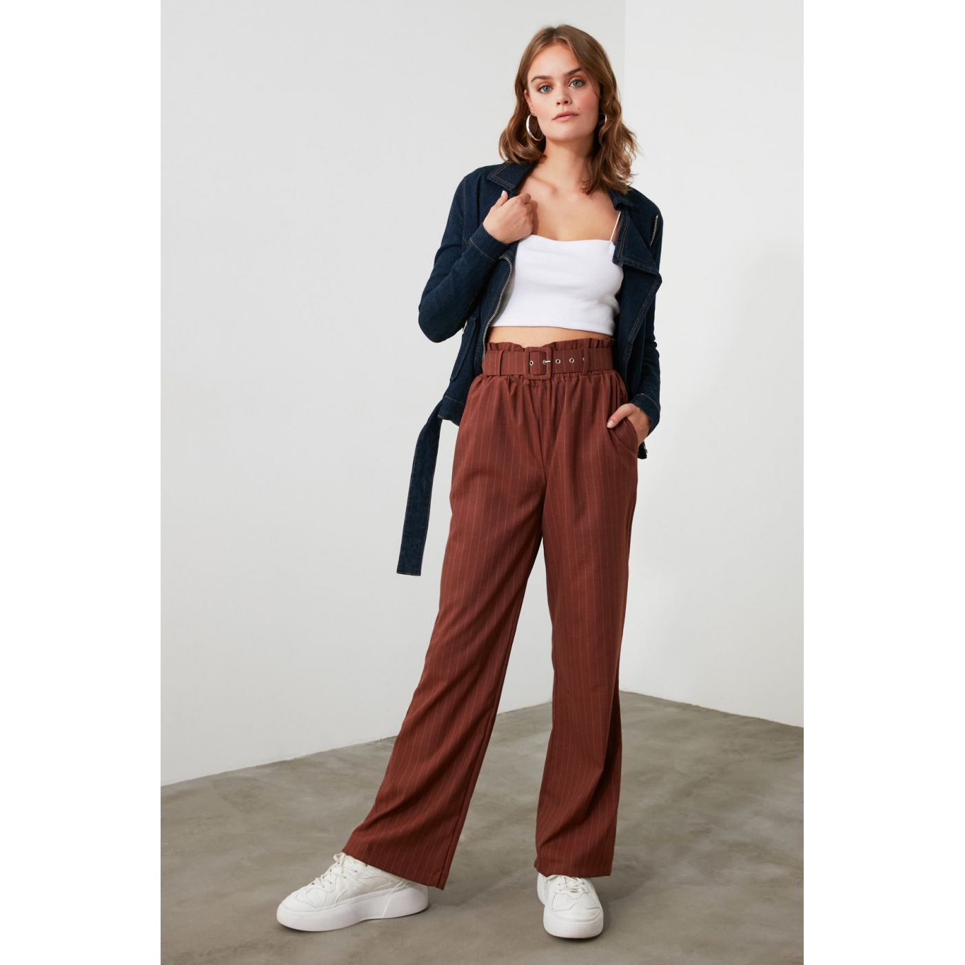 Trendyol Burgundy Striped Trousers