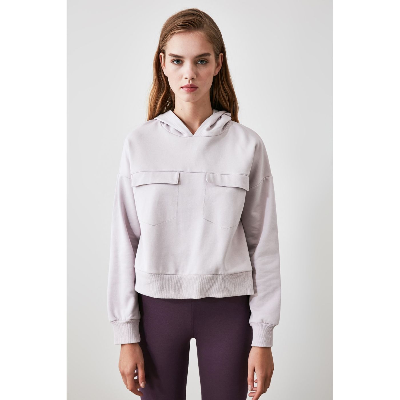 Trendyol Grey Pocket Detailed Hooded Knitted Sweatshirt