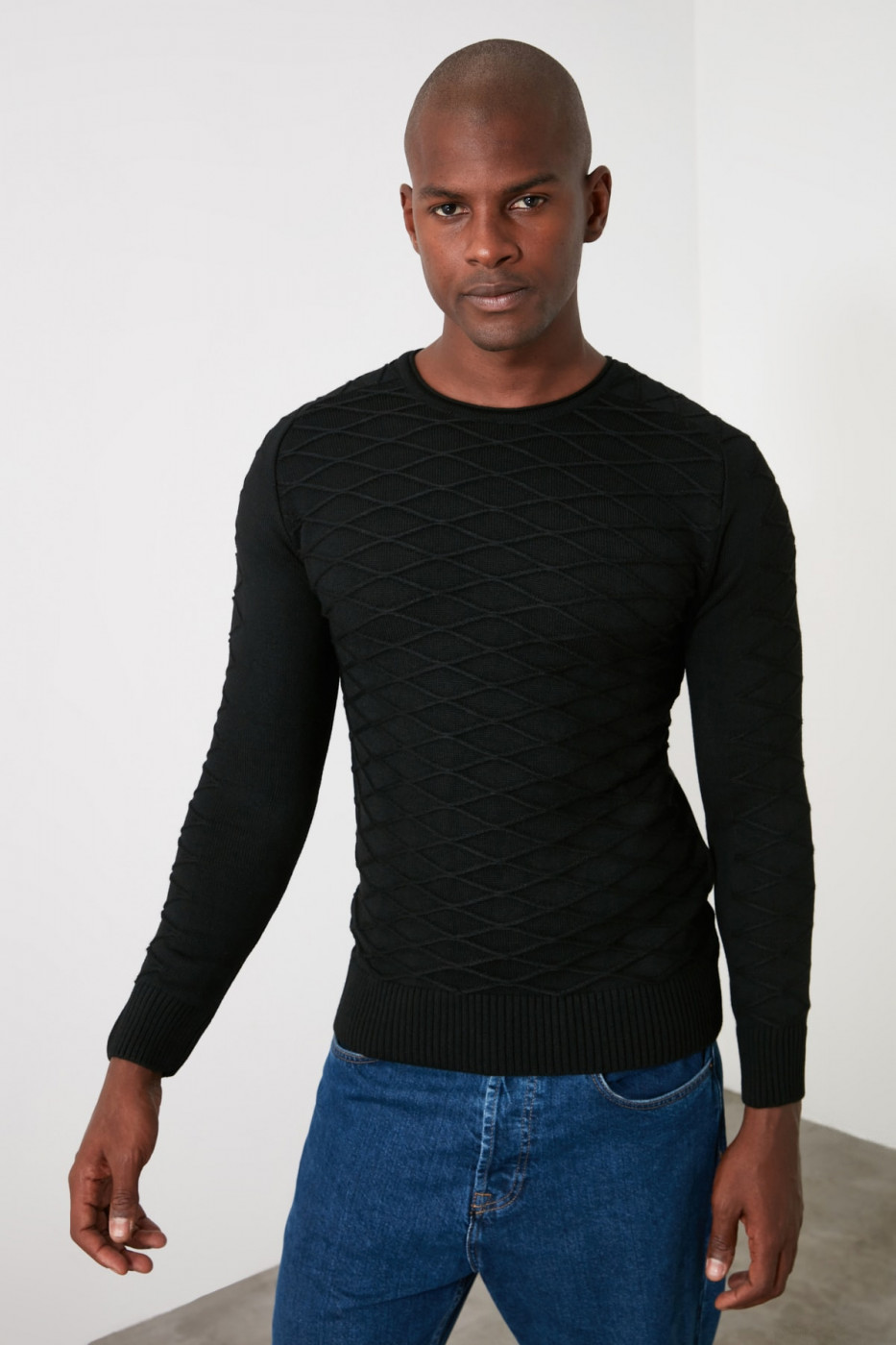 Trendyol Black Men's Bicycle Collar Baklava Textured Knitwear Sweater