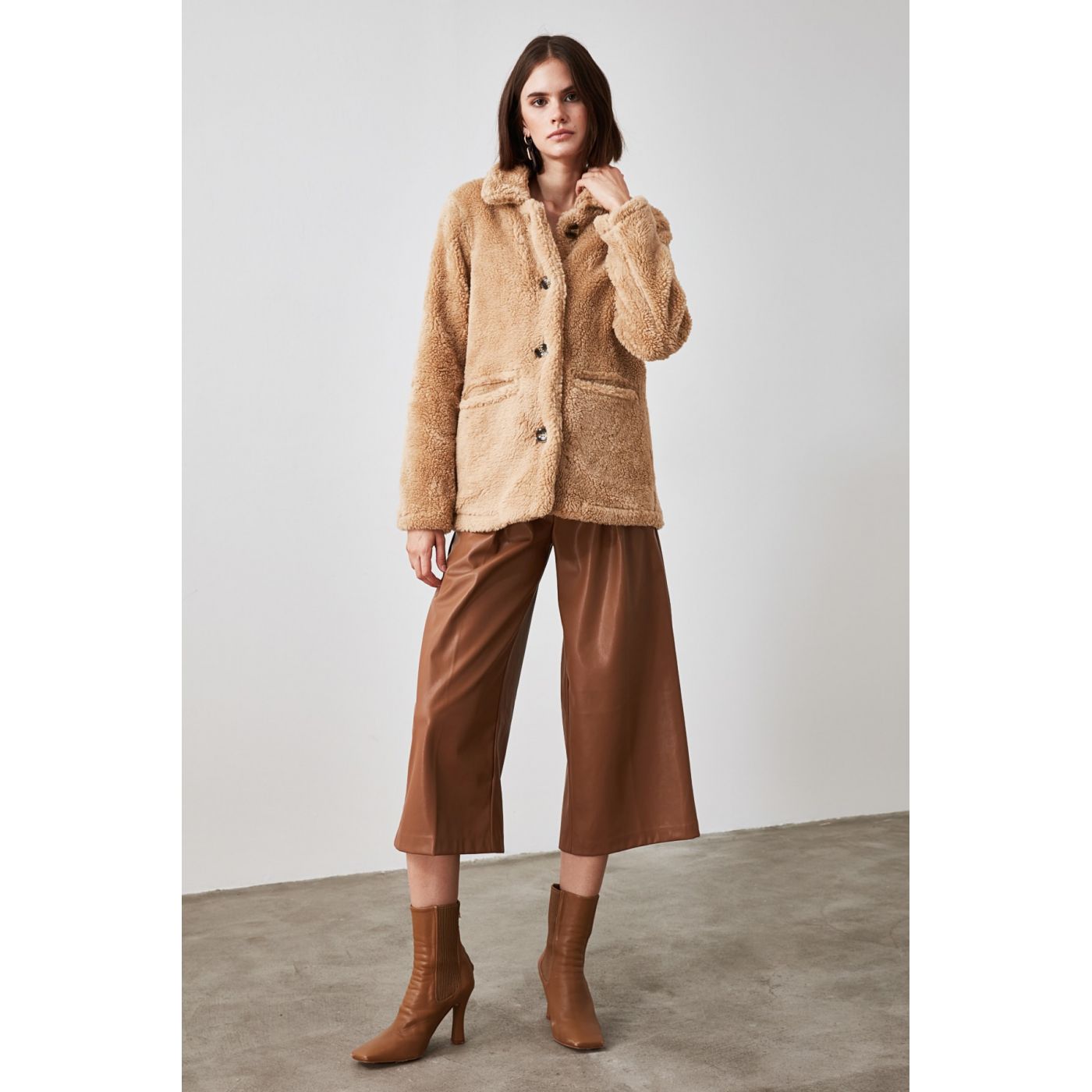 Trendyol Camel Button Fur Coat