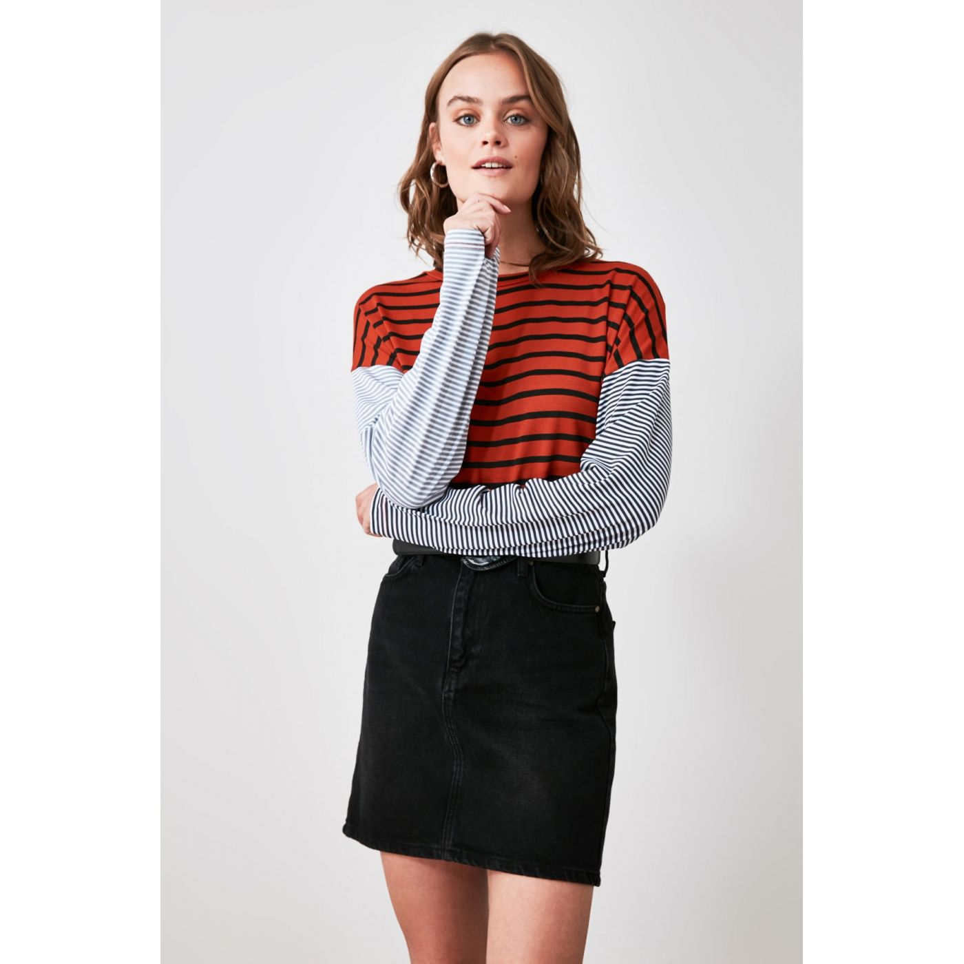 Trendyol Cinnamon Striped Knitted Blouse