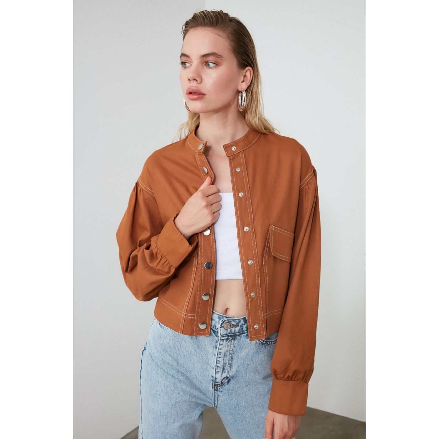 Trendyol Camel Contrast Stitch Jacket