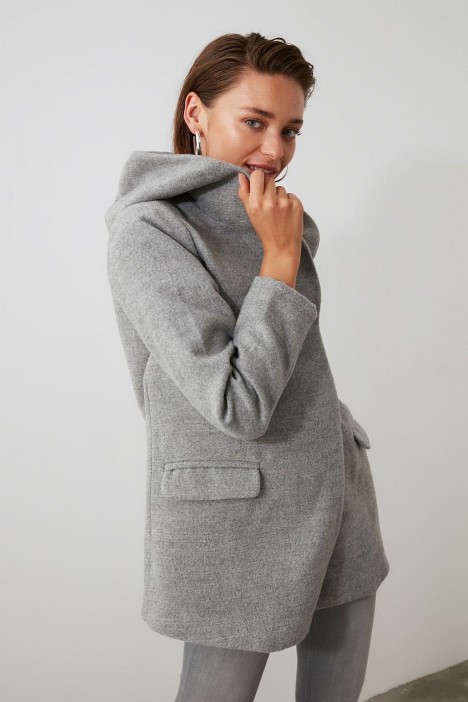 Trendyol Grey Hooded Stamp Coat