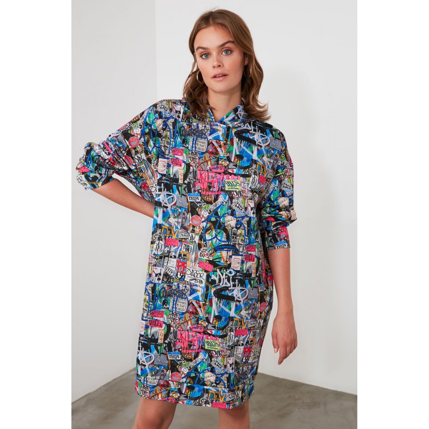 Trendyol Blue Printed Knitted Sweat Dress