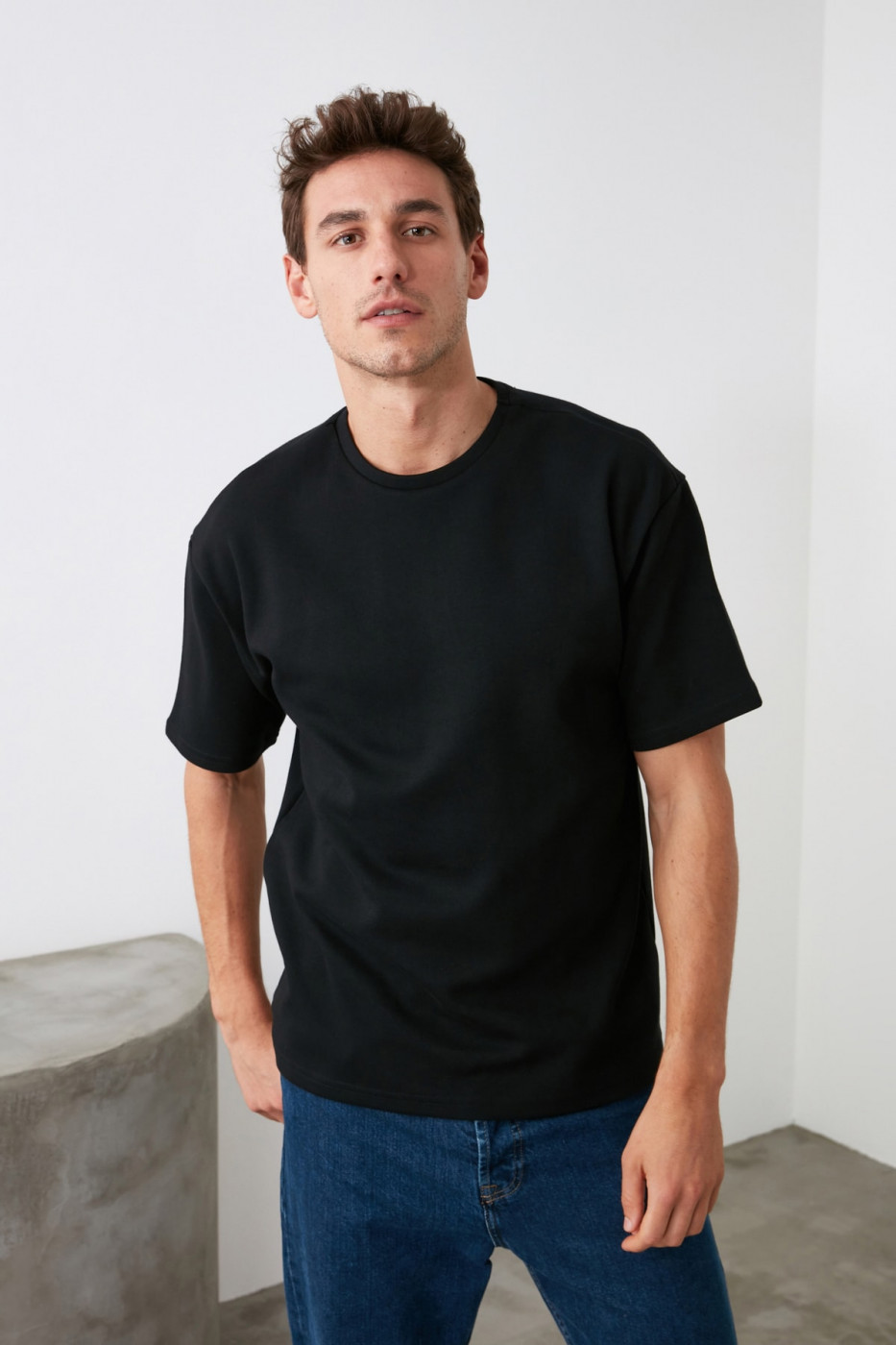 Trendyol Black Men Bol Cut Basic Bag cutting T-Shirt