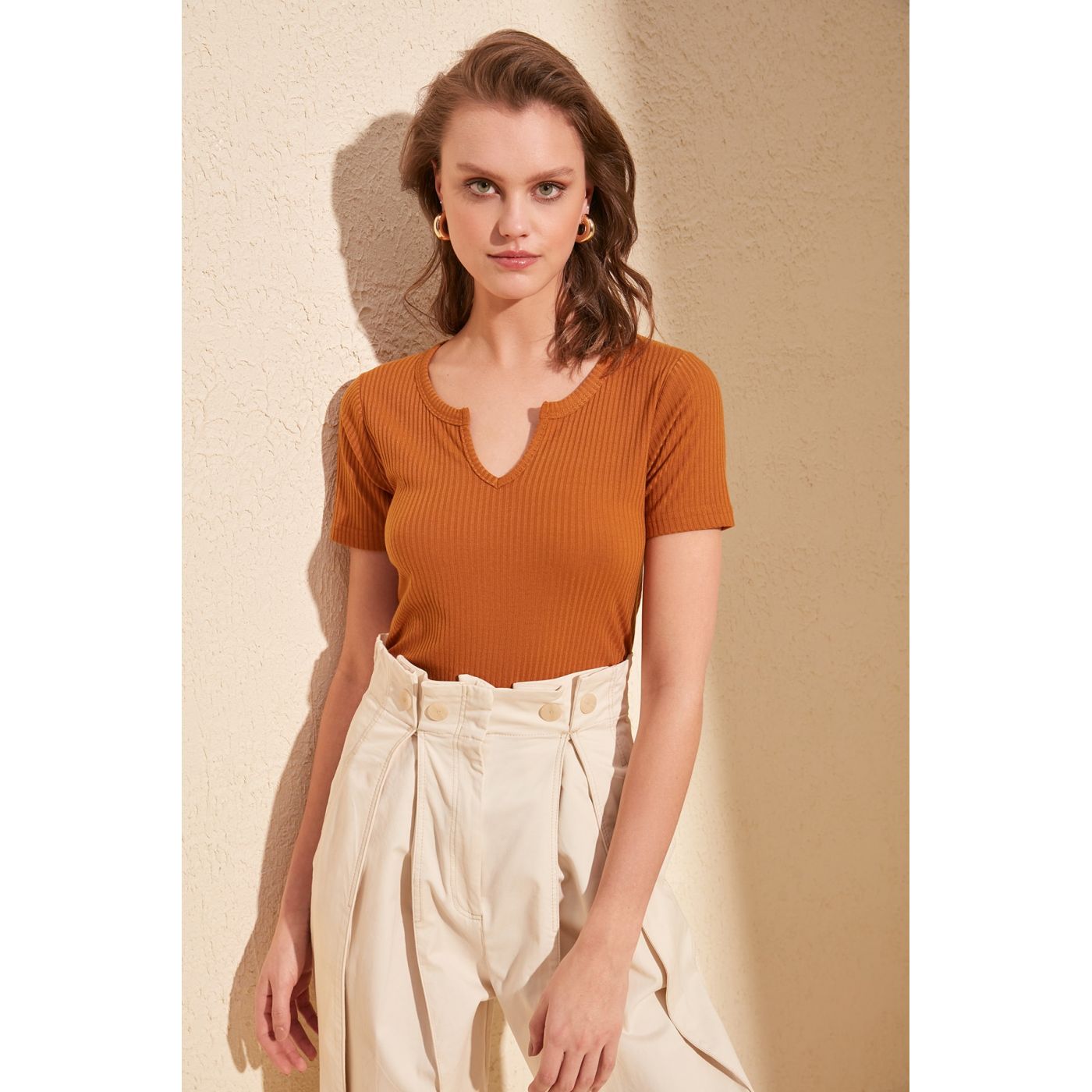 Trendyol Cinnamon V Collar Fitilli Knitted Blouse