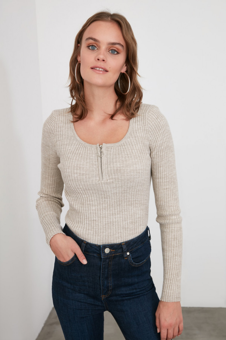 Trendyol Mink Zipper Knitwear Sweater
