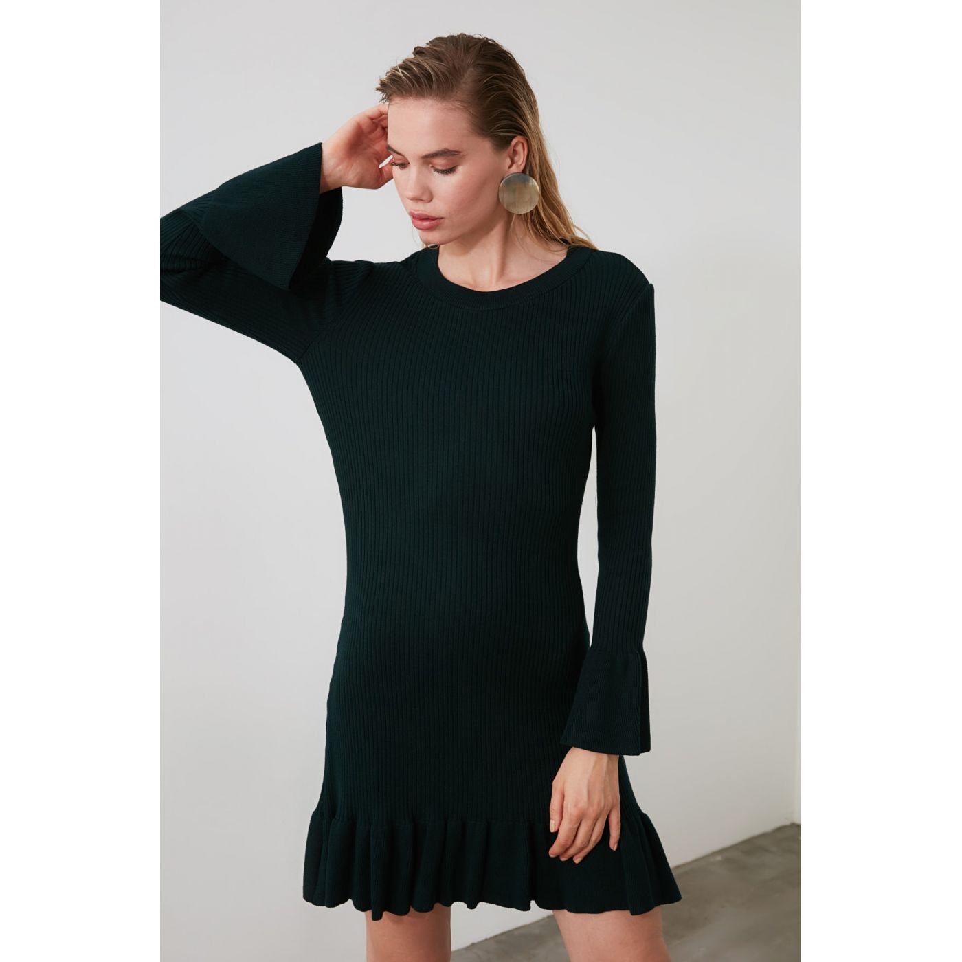 Trendyol Emerald Green Volan Detailed Knitwear Dress