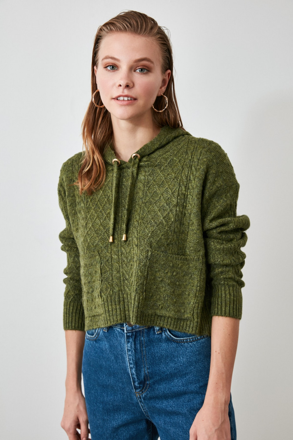 Trendyol Khaki Hooded Knitting Detailed Knit Sweater
