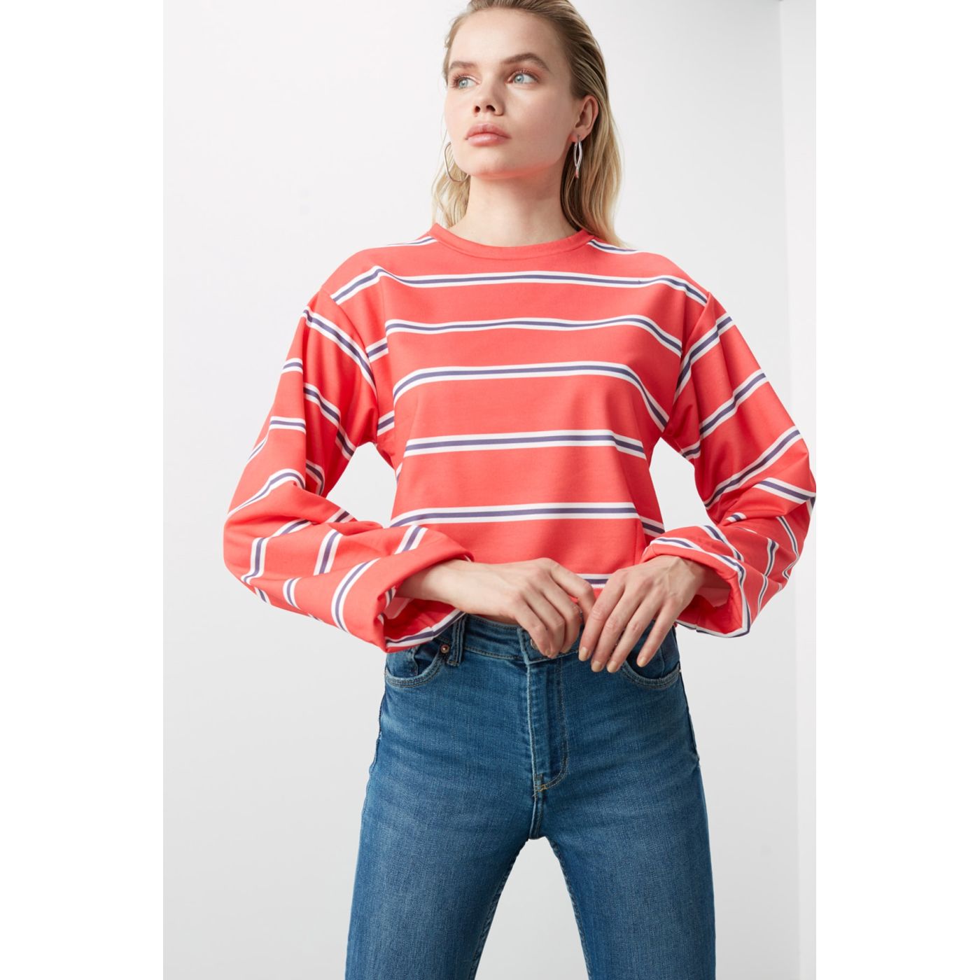 Trendyol Red Striped Basic Knitted Sweatshirt