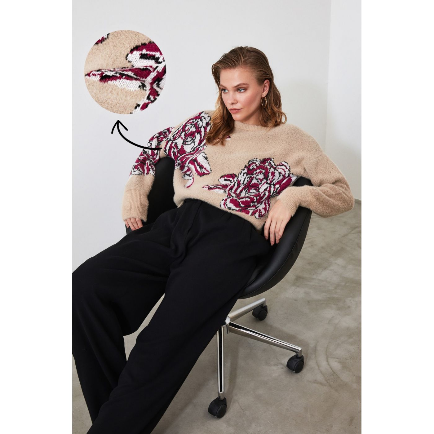 Trendyol Camel Jacquard Beard Rope Knit Sweater