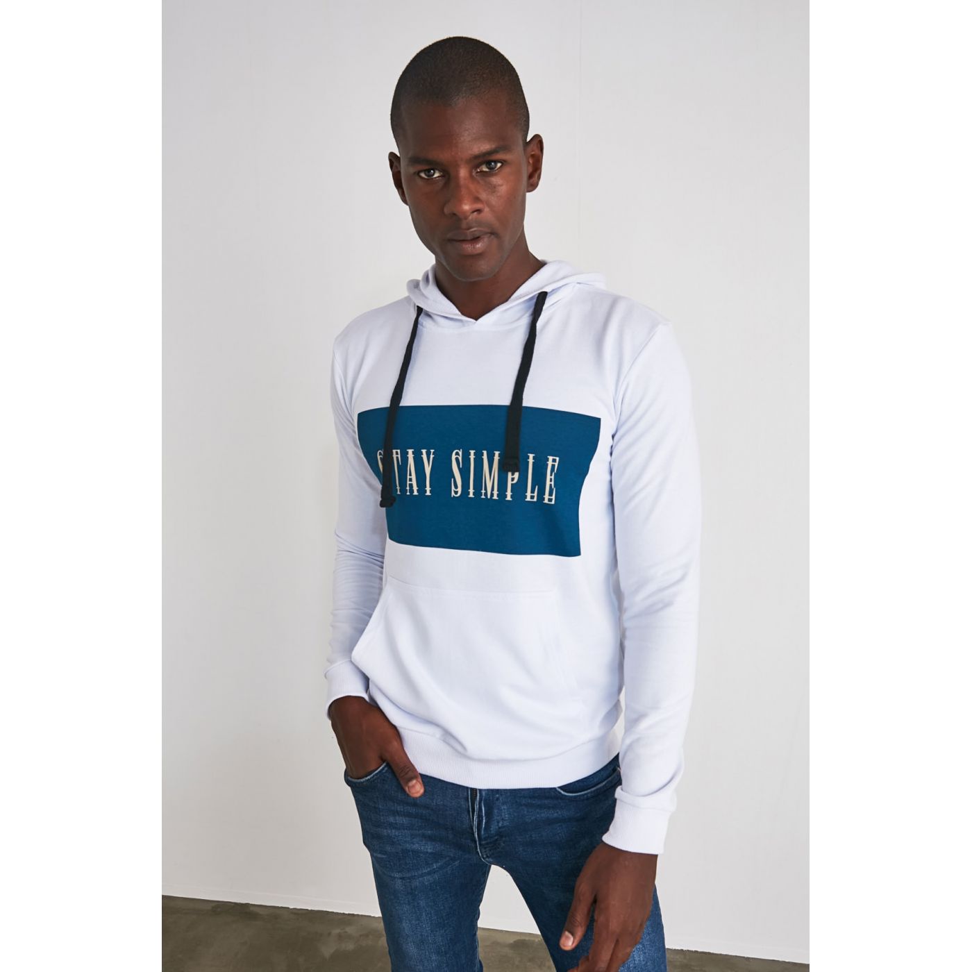 Trendyol White Men's Printed Hooded Regular Sweatshirt